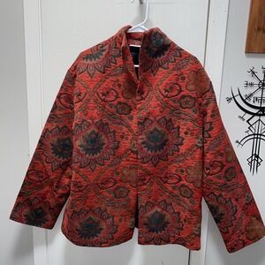Rare Vintage Red Tapestry Jacket Shegos XL Floral Lotus Boho‎